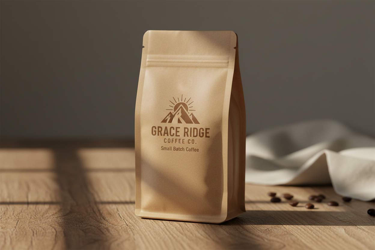 A brown kraft paper stand-up coffee bag with a matte texture. Centered on the front is the Grace Ridge Coffee Co. mountain logo in warm brown ink, minimal and rustic-premium. Under the logo: “Small Batch Coffee.” Clean layout, balanced spacing, no clutter. Soft natural shadows, artisan product style, photographed in warm morning light.