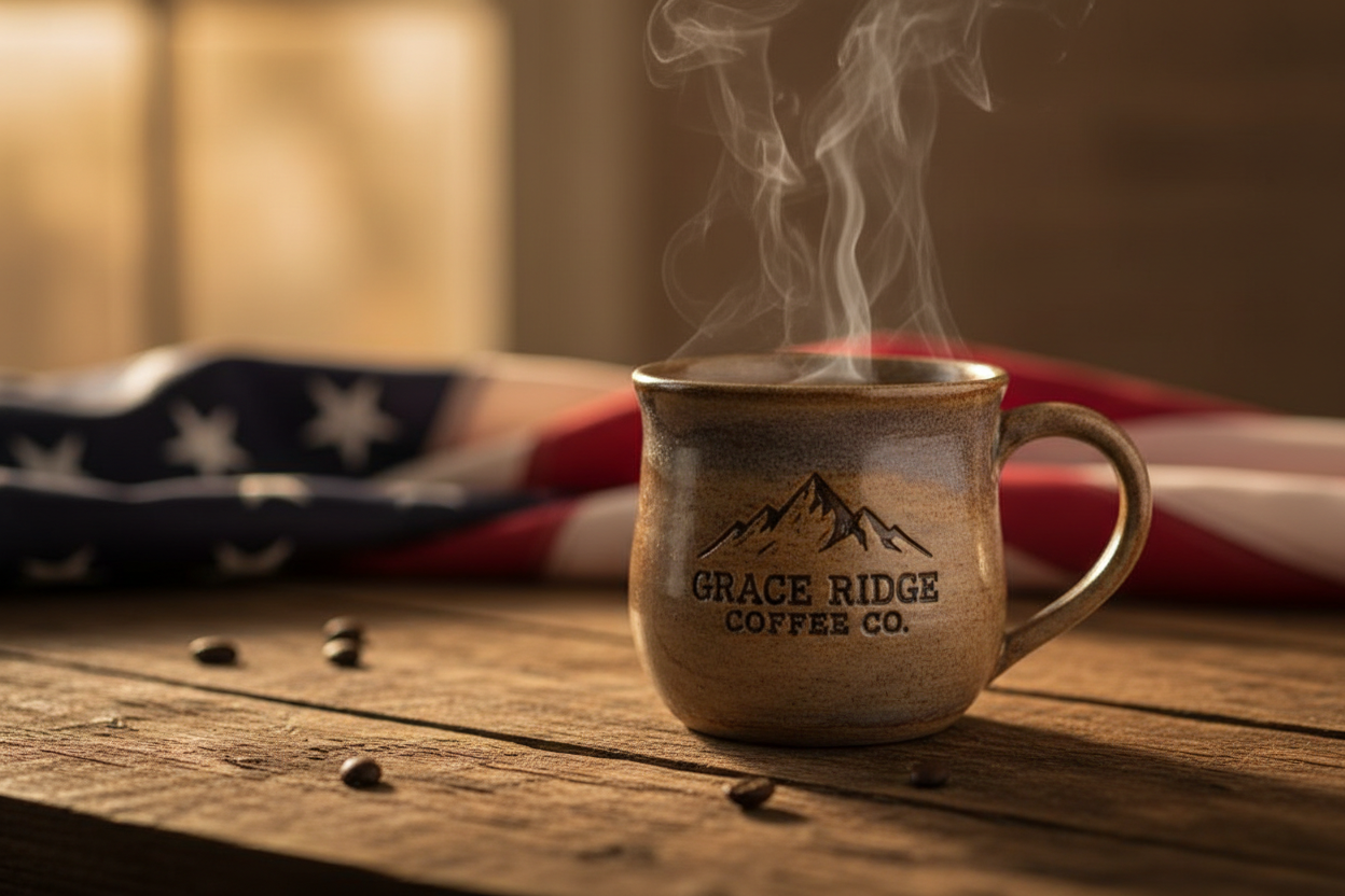 A cinematic artisan coffee scene featuring a steaming ceramic mug with the Grace Ridge Coffee Co. mountain logo. sit on a rustic wooden table in soft warm morning light. Gentle steam rises from the mug. In the far background, a softly blurred American flag fabric adds a subtle patriotic warmth. Shallow depth of field, warm tones, natural shadows, premium handcrafted coffee aesthetic, peaceful and reflective atmosphere. cozy vibes.