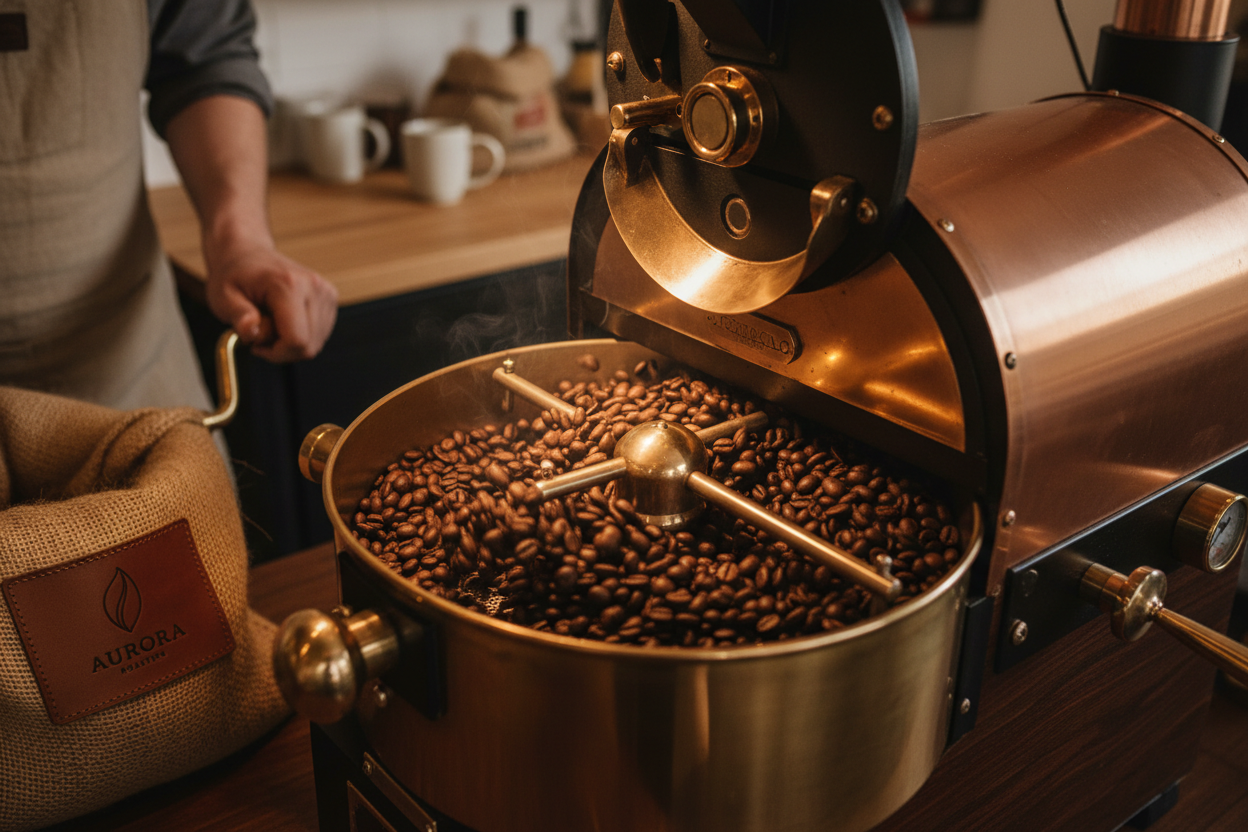 A premium lifestyle image of coffee beans roasting inside a small batch drum roaster. Warm tones, soft natural light, artisan craftsmanship aesthetic, minimal background, high-end coffee brand style.