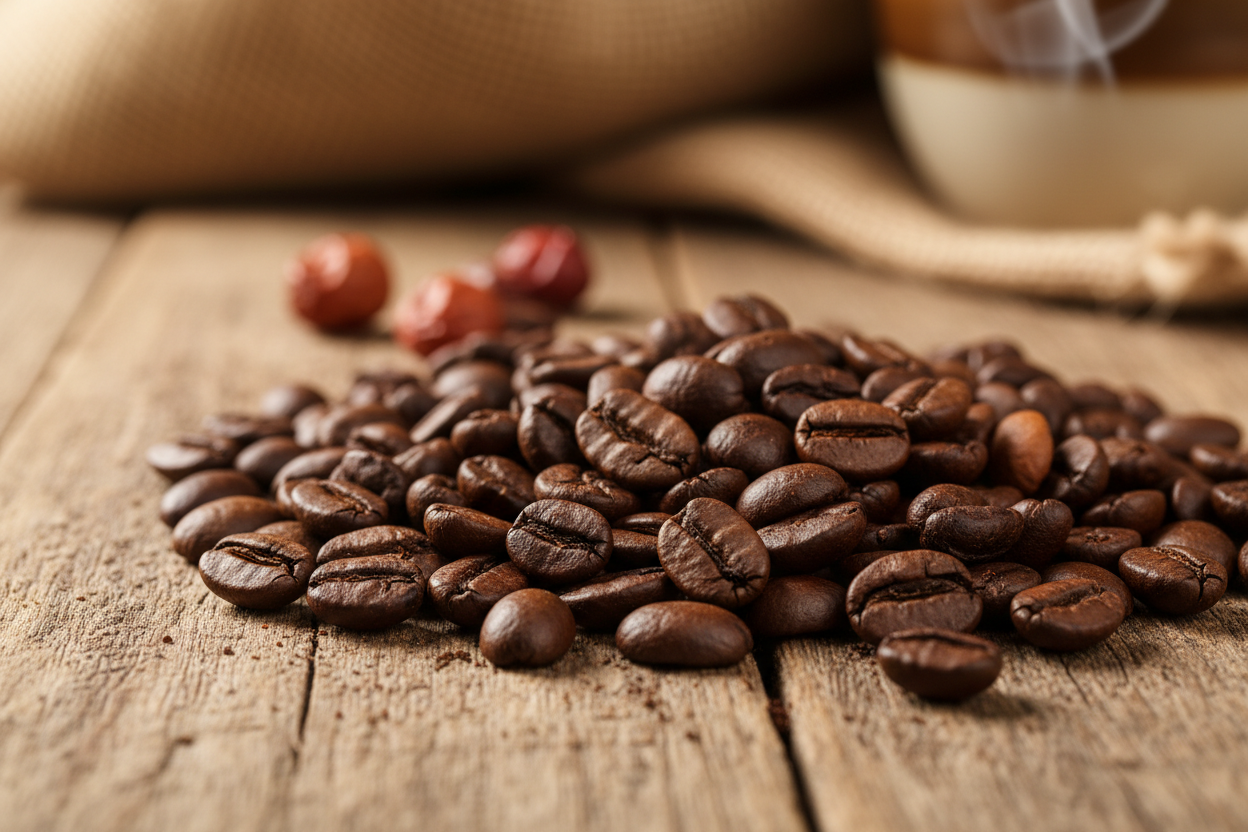 Close-up of premium roasted coffee beans displayed on a rustic wooden surface. Soft natural light, shallow depth of field, warm tones. Emphasize texture, freshness, and small batch quality. Minimal and clean artisan style.