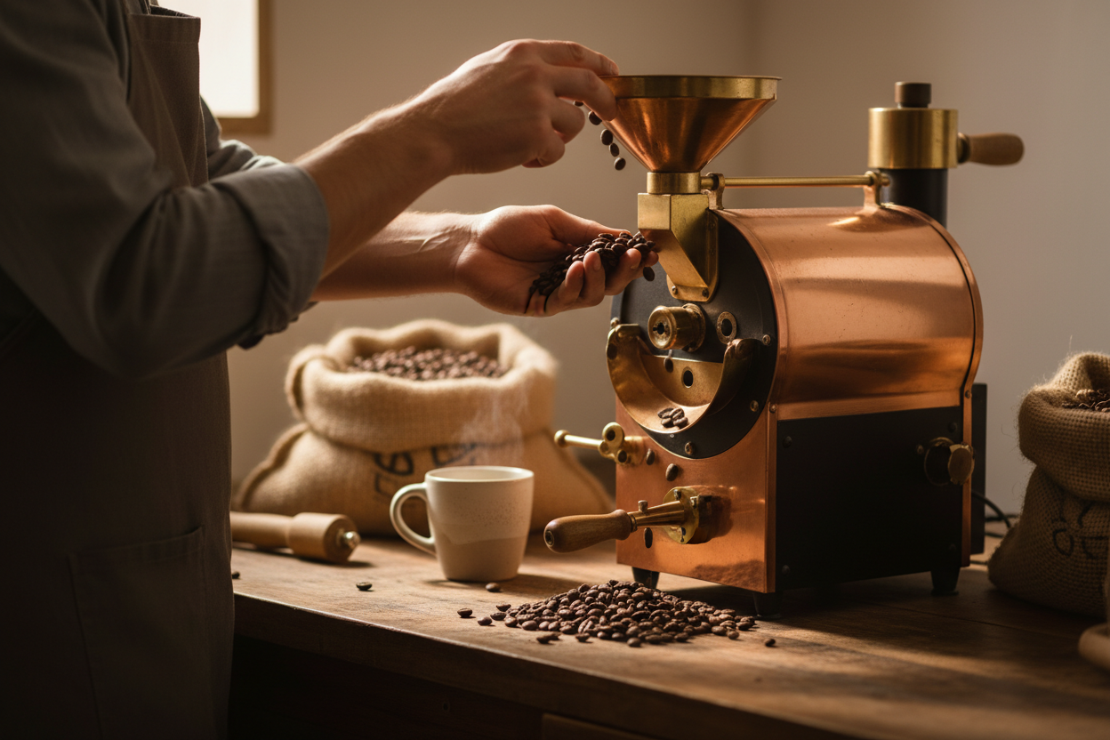 Warm artisan coffee scene showing hands guiding freshly roasted coffee beans in a small batch roaster. Soft golden light, gentle shadows, and a rustic workshop setting. Focus on craftsmanship, texture, and care. Minimal background, clean composition, premium feel.