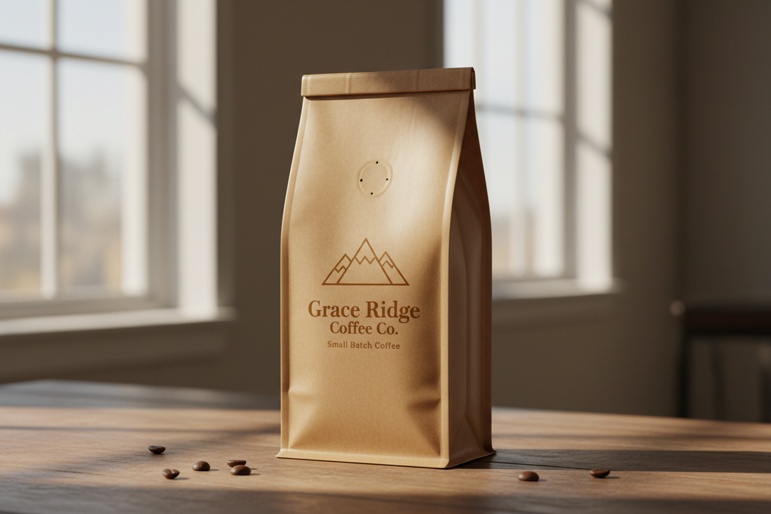 A brown kraft paper stand-up coffee bag with a matte texture, photographed in warm natural morning light. Centered on the front is the Grace Ridge Coffee Co. mountain logo in warm brown ink — minimal two-peak line-art mountains with the text “Grace Ridge Coffee Co.” beneath in a clean modern serif font. Under the logo, add the text “Small Batch Coffee” in small warm-brown lettering. Clean layout, balanced spacing, no clutter. Soft natural shadows, artisan premium coffee aesthetic, rustic yet refined, crisp 
