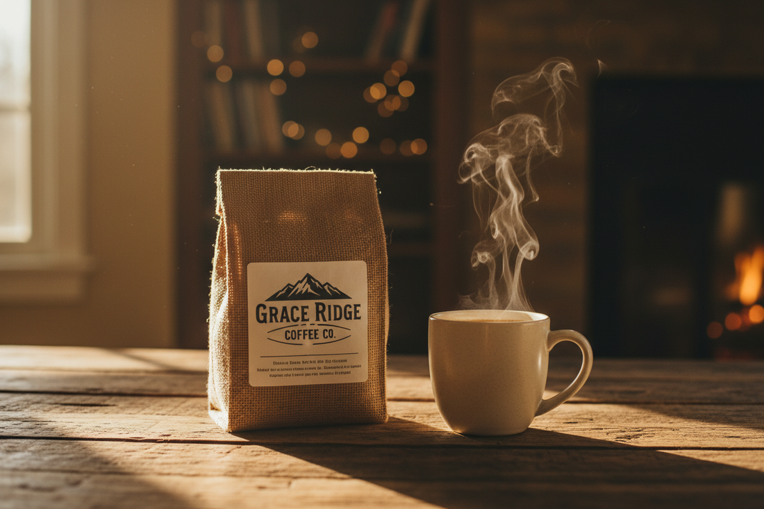 A cinematic slow motion video of a Grace Ridge Coffee Co bag on a wooden table with a steaming mug beside it. Soft morning light, warm tones, shallow focus, minimal movement, premium artisan coffee aesthetic. No people.