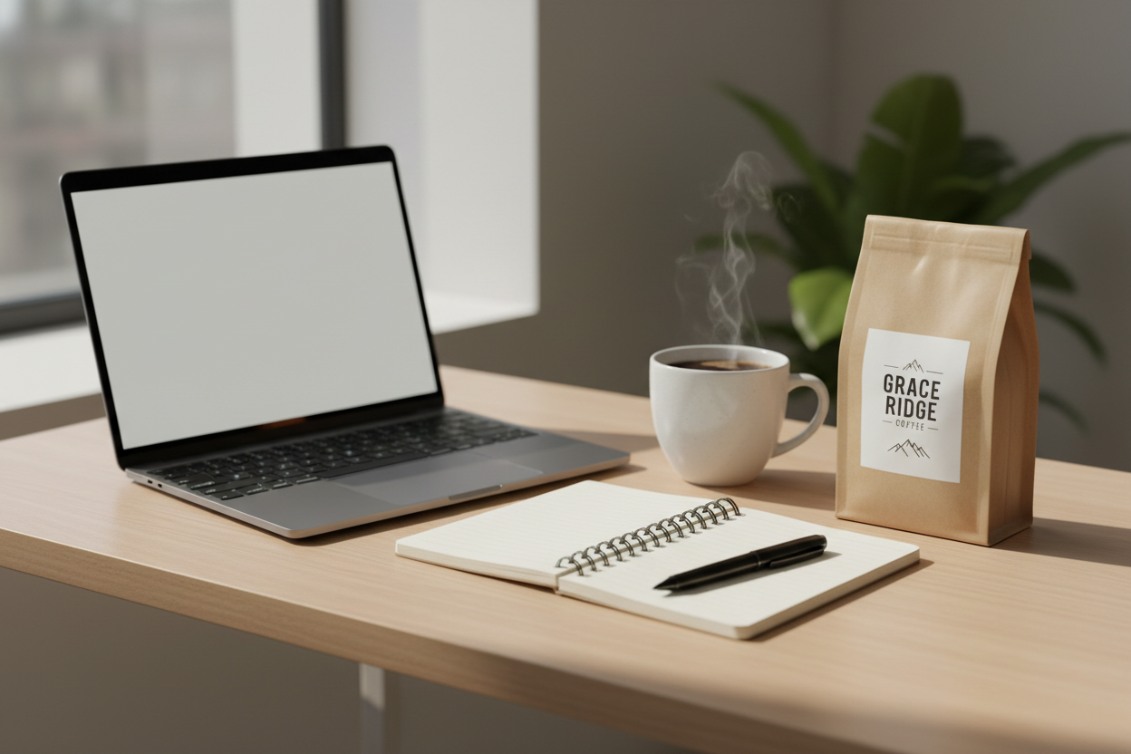 A clean desktop scene with a laptop, notebook, and a mug of coffee beside a Grace Ridge Coffee bag. Soft natural light, productivity vibe, modern minimal style, warm tones.