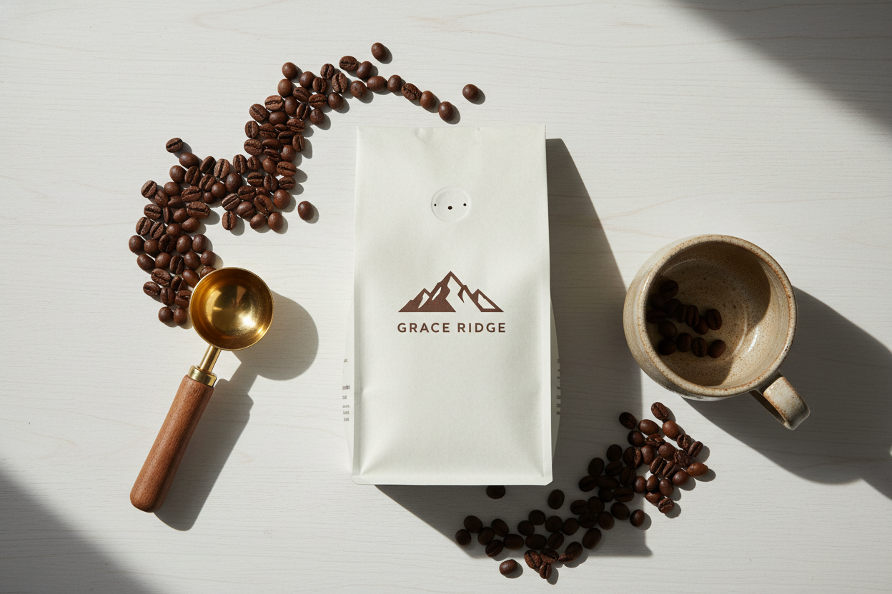 A minimal flat-lay of a Grace Ridge Coffee bag, scattered beans, a scoop, and a mug, warm natural tones, clean background, high-end product lifestyle aesthetic.