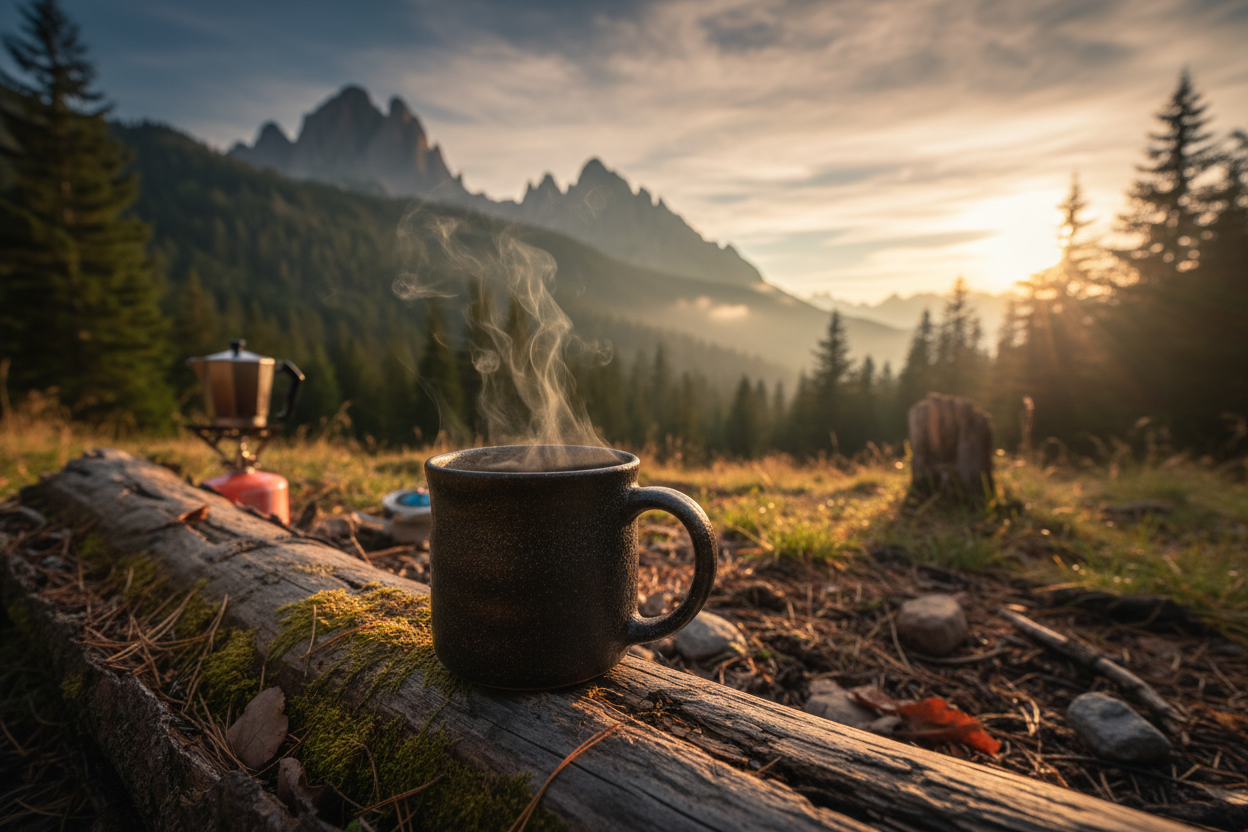 A rugged outdoor coffee scene in nature with a mug of coffee resting on a rock or wooden surface, pine trees or mountains in the background, early morning light, earthy tones, premium lifestyle photography.