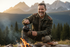 A rugged outdoor portrait of a veteran in his late 30s to early 40s. Strong, grounded presence, light stubble, wearing a flannel or outdoor jacket. Shot in natural light with a blurred mountain or forest background. Warm earthy tones, clean composition, premium lifestyle photography style. No military uniform or insignia — subtle veteran energy through character and setting. Smiling pouring coffee out of a kettle that just finishing brewing near the campfire