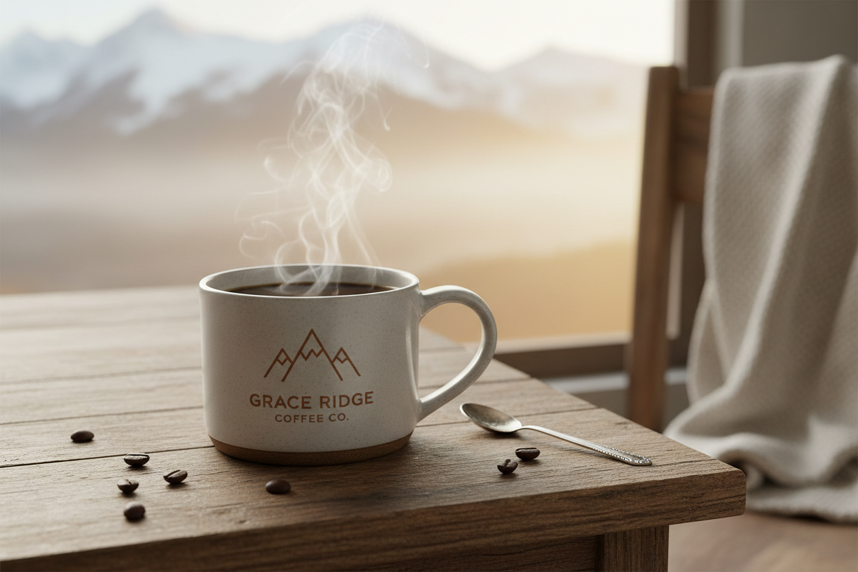 A warm coffee scene with a steaming mug of coffee on a rustic wooden table, soft natural morning light, softly blurred outdoor mountain tops in the background. Add a simple, minimal mountain-style logo labeled Grace Ridge Coffee Co on the mug. Cozy, premium, artisan atmosphere, clean composition, high detail, professional product photography.

