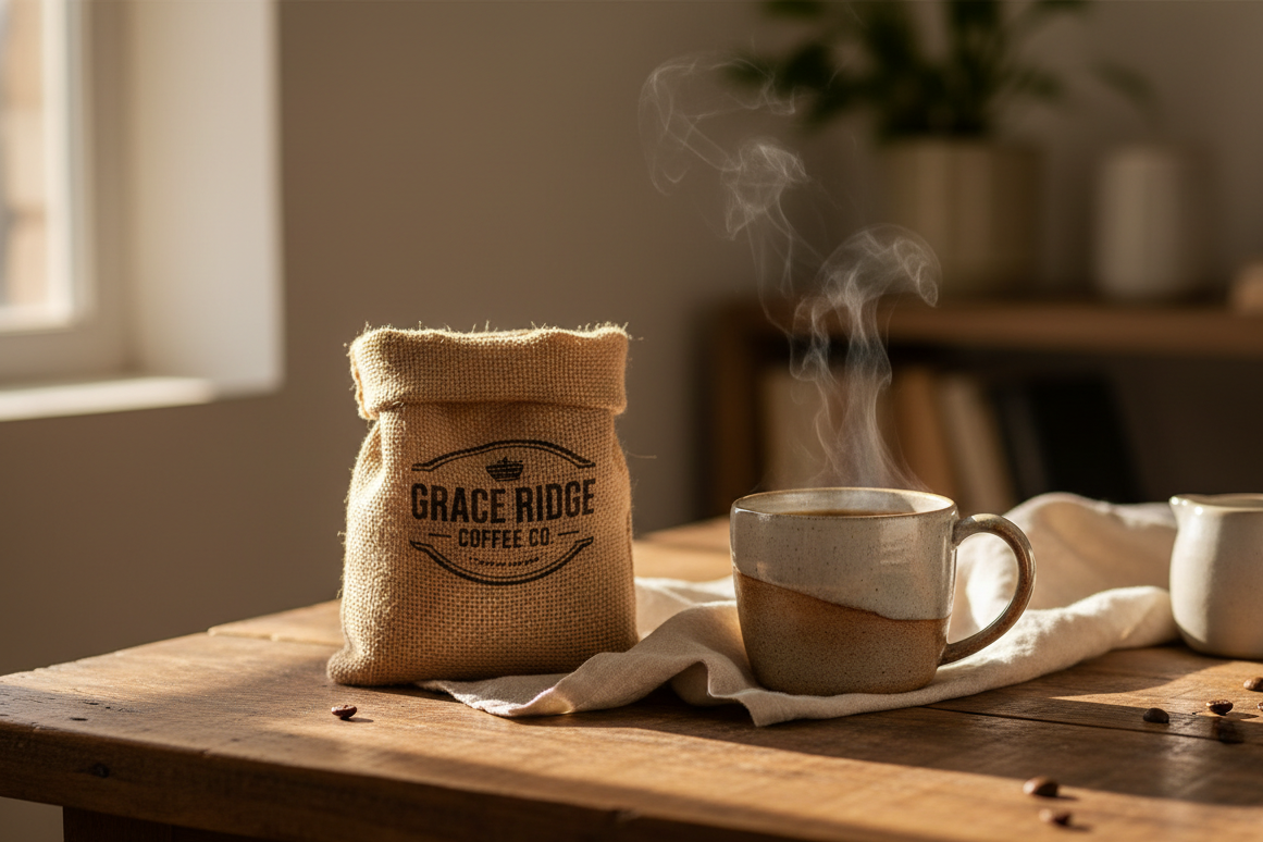 A warm, inviting coffee scene featuring a Grace Ridge Coffee Co. bag beside a freshly brewed mug of steaming coffee on a wooden table. Soft morning sunlight, gentle shadows, minimal cozy decor like a linen cloth or ceramic mug, premium artisanal coffee aesthetic, natural tones, shallow depth of field, high quality lifestyle photography style.