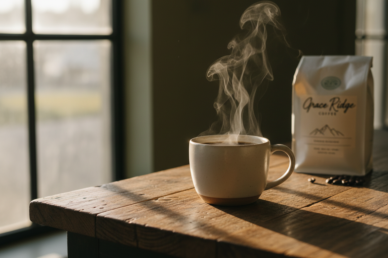A warm lifestyle shot of a mug of steaming coffee on a wooden table near a window, soft morning light, cozy and minimal, subtle Grace Ridge Coffee bag in the background, premium artisanal aesthetic.