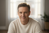 A warm, natural light portrait of a friendly middle aged man with short hair and a slight smile, wearing a simple neutral sweater. Soft blurred background, premium lifestyle brand style, high quality headshot, minimal and clean aesthetic.