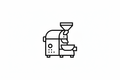 Minimal black and white line icon of a small batch coffee roaster, premium modern style, clean vector aesthetic.