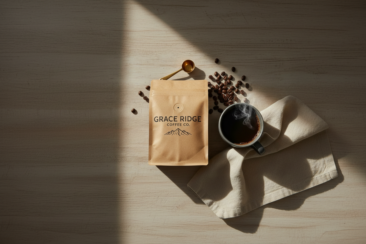 The coffee bag should look like the first bag you generated, brown with Grace Ridge Coffee Co and the the similar mountain outline logo