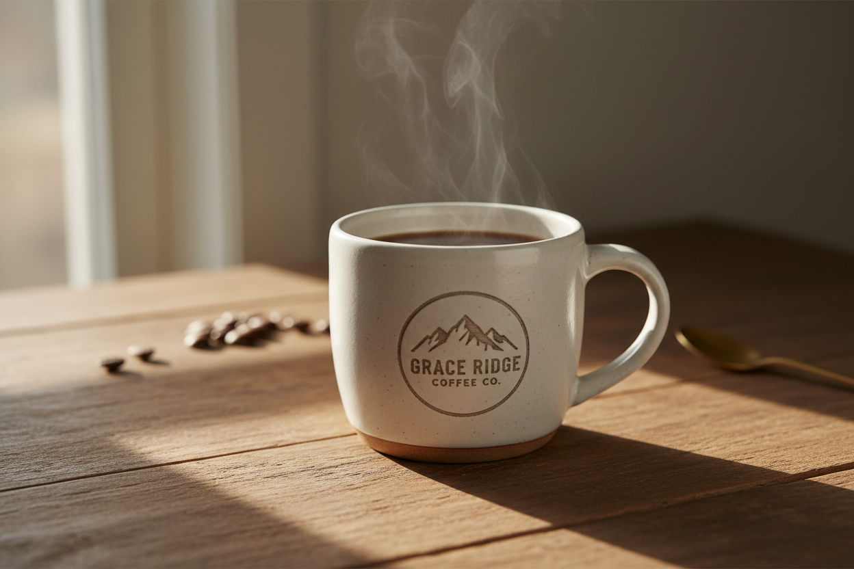 Warm artisan coffee moment featuring a simple ceramic mug with the Grace Ridge Coffee Co mountain logo. Gentle morning light, soft shadows, wooden table, rising steam. Minimal, calm, premium lifestyle photography.