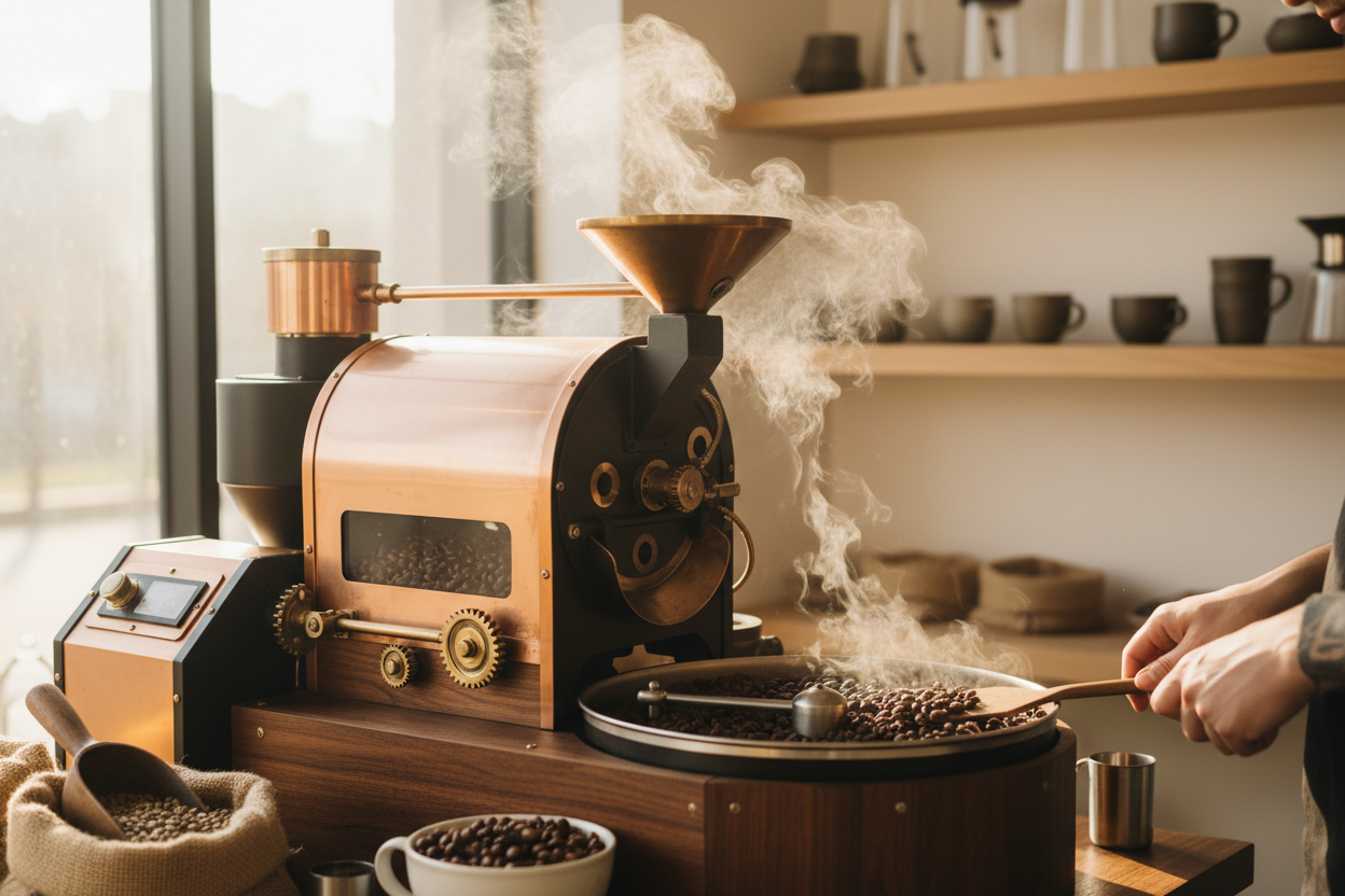 Warm artisan coffee scene with a small batch roaster in soft morning light. Subtle steam rising, wooden textures, clean minimal background. Focus on the beauty of the roasting craft. Premium lifestyle photography.
