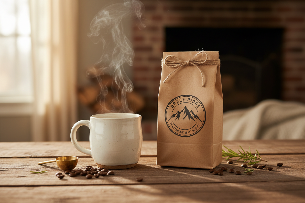 Warm artisan coffee setting with a steaming mug beside a kraft paper coffee bag featuring the Grace Ridge Coffee Co. mountain logo. Shot in soft morning light on a rustic wooden table, shallow depth of field, cozy handcrafted aesthetic.
