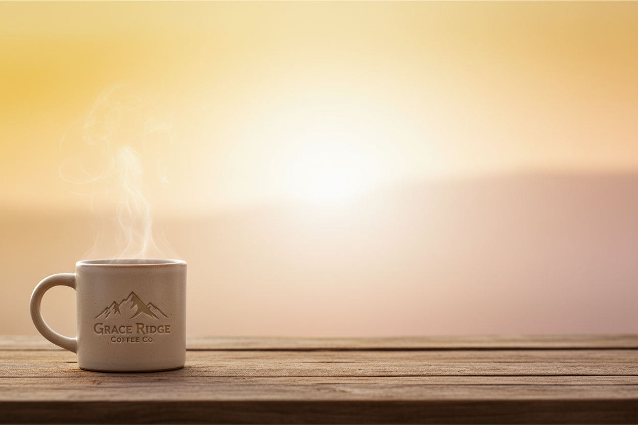 Wide website banner. Place the steaming mug of coffee with the Grace Ridge Coffee Co mountain logo clearly on the far left side of the frame. The entire middle and right side should be a soft blurred gradient background of warm sunrise light and distant mountain shapes with very low contrast. The center area should have smooth, bright negative space specifically for text overlay. Rustic wooden table in foreground. Premium, calm, artisan atmosphere.